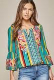 South Beach Striped Embroidered Top, Turq