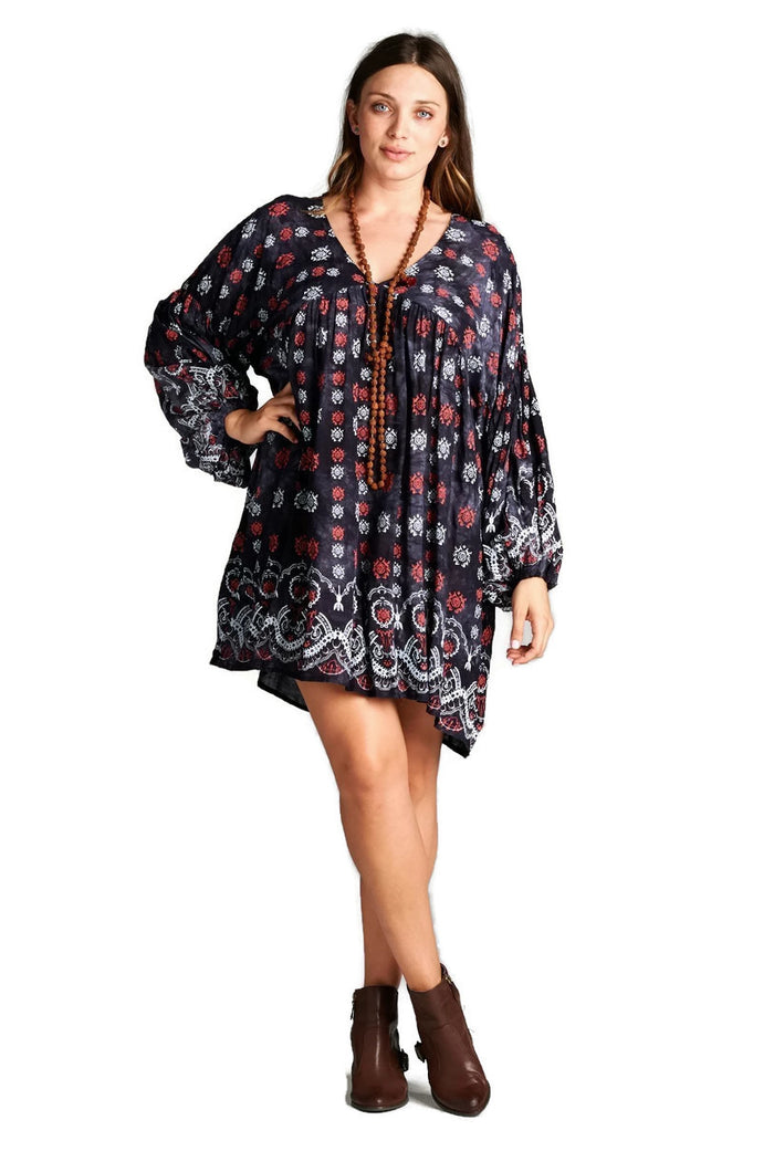 Baby Doll Bohemian Peasant Mini Dress, Black