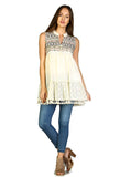 Lace & Fringe Embroidered Sleeveless Dress, Beige