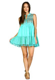 Lace & Fringe Embroidered Sleeveless Dress, Mint