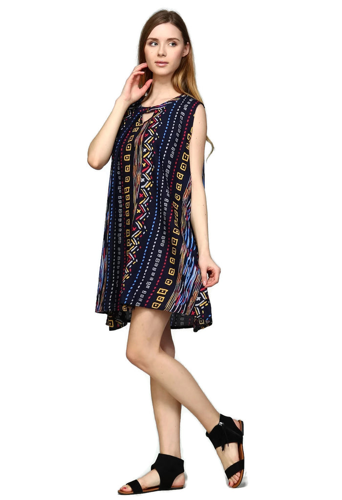 Tribal Sleeveless Keyhole Dress, Blue