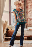 Embroidered Ruffle Top, Teal