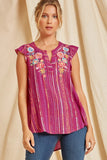 Flutter Sleeve Embroidered Top, Magenta