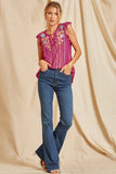 Flutter Sleeve Embroidered Top, Magenta