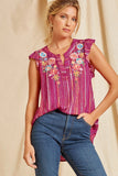 Flutter Sleeve Embroidered Top, Magenta