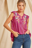 Flutter Sleeve Embroidered Top, Magenta