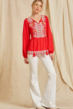 Embroidered Peplum Blouse, Red