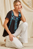 Black & Teal Embroidered Babydoll Top