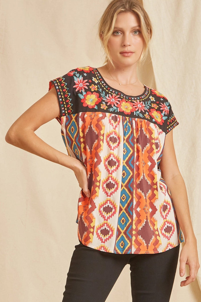andree by unit / savanna jane Embroidered Aztec Top