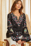 Embroidered Bell Sleeve Blouse, Black