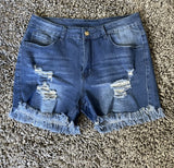 Distressed Mid-Rise Dark Wash Denim Shorts