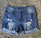 Distressed Mid-Rise Dark Wash Denim Shorts