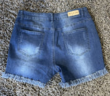 Distressed Mid-Rise Dark Wash Denim Shorts