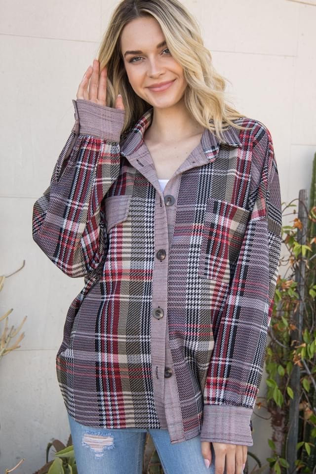 Jacquard Plaid Shacket, Red