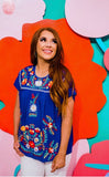 Floral Embroidered Short Sleeve Top, Royal