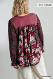 Mixed Print Puff Sleeve Top, Cranberry