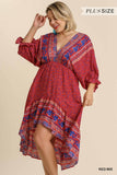 Mixed Print Bohemian Midi Dress, Red
