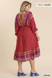 Mixed Print Bohemian Midi Dress, Red