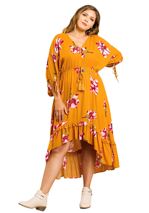 umgee floral high low ruffle midi dress