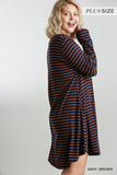 Striped Casual Dress, Navy / Brown
