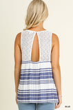 Lace & Striped Babydoll Tank Top, Blue