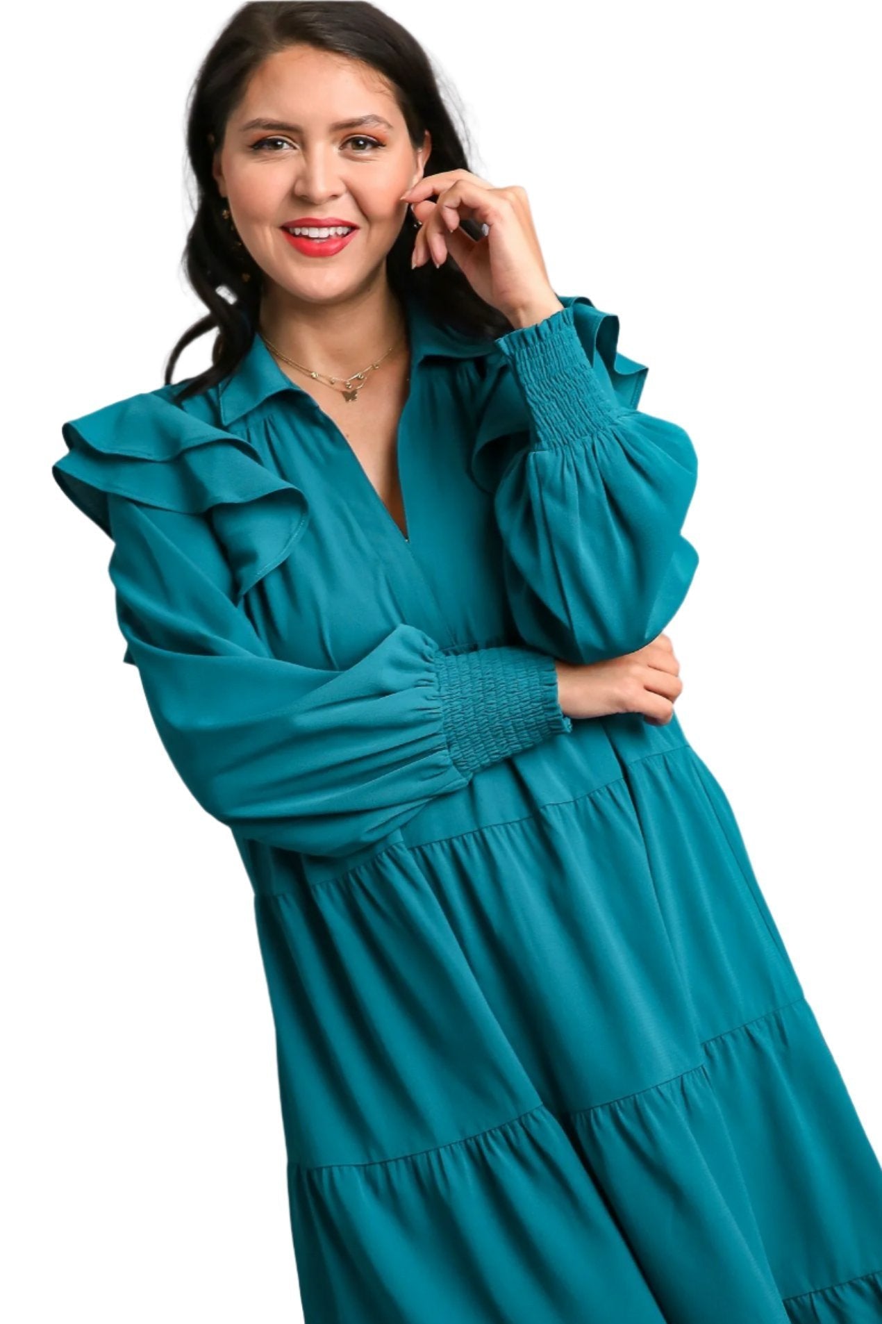 long sleeve tiered maxi dress umgee usa V-neck Long Sleeve Tiered Maxi Dress – Violet Skye Boutique