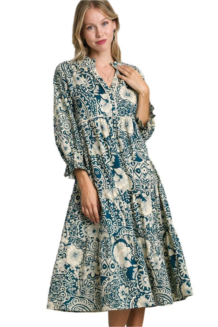 Two Tone Floral Tiered Midi Dress, Peacock