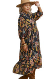 Mixed Floral Print Midi Dress, Black