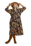 Mixed Floral Print Midi Dress, Black