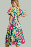 Floral Balloon Sleeve Midi Dress, Mint