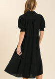 Tiered Cuffed Sleeve Dress, Black