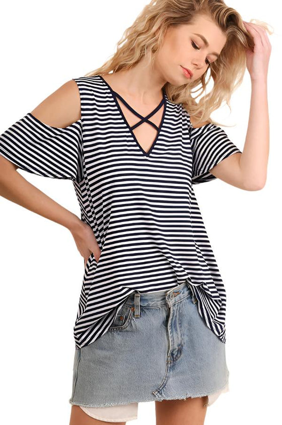 Striped Cold Shoulder Top, Navy