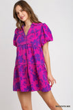 Two Tone Floral Tiered Dress, Magenta