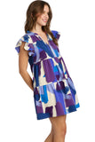 Brushstroke Smocked Flutter Sleeve Dress