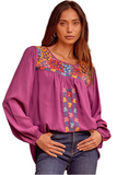 Embroidered Balloon Sleeve Blouse, Magenta