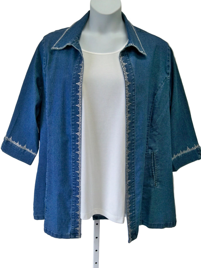 Blue denim jacket on a mannequin with a white background