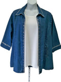 Blue denim jacket on a mannequin with a white background