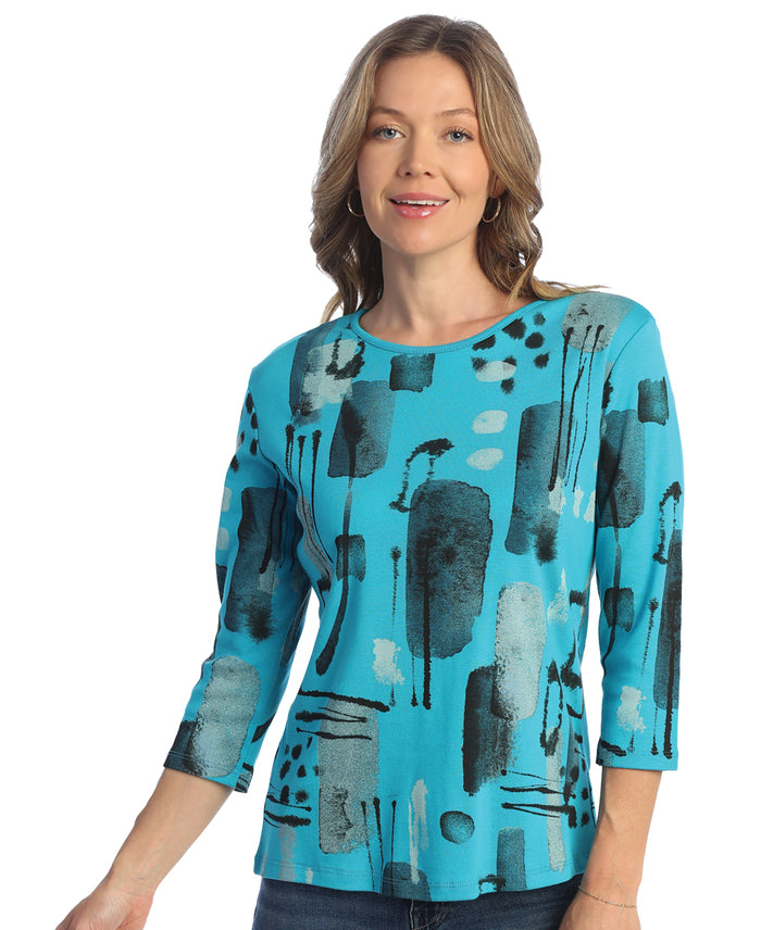 Maze Round Neck Printed Cotton Top, Teal