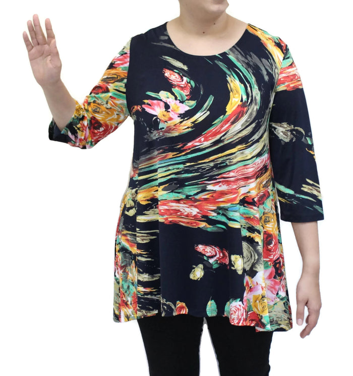 Colorful floral-patterned dress with a black background