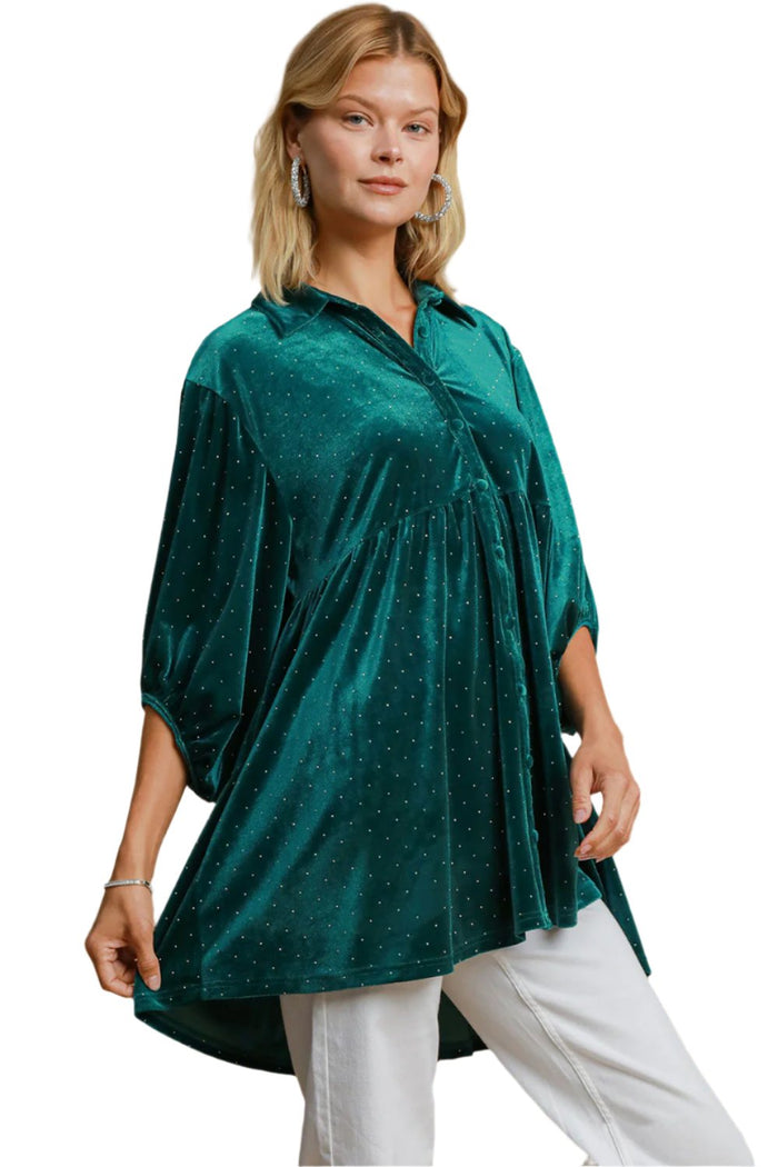 Umgee Beaded Velvet Collared Shirt, Teal