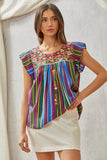Striped Flutter Sleeve Embroidered Top