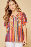 unit by andree / savanna jane striped short sleeve embroidered tunic top