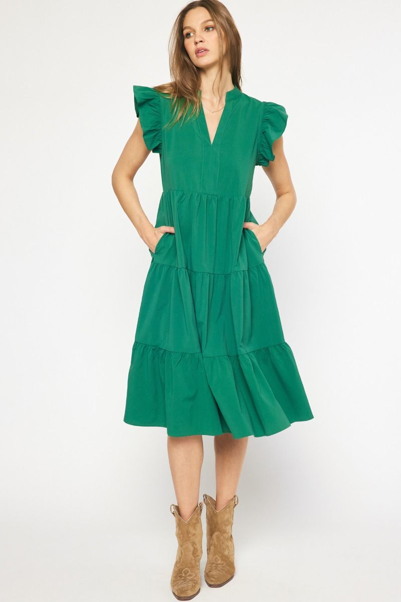 Ruffled Tiered Pocket Midi Dresses - Entro Ruffled Tiered Pocket Midi Dresses - Entro