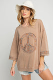 easel Floral Peace Sign Mineral Washed Terry Top, Mocha