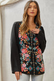 Embroidered Roll Tab Sleeve Blouse, Black