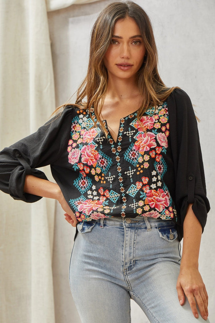 Embroidered Roll Tab Sleeve Blouse   andree by unit / savanna jane