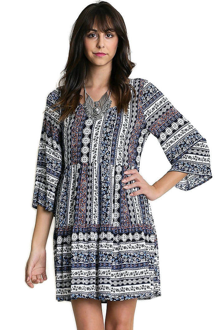 Umgee Cross Back Peasant Short Dress, Navy / White