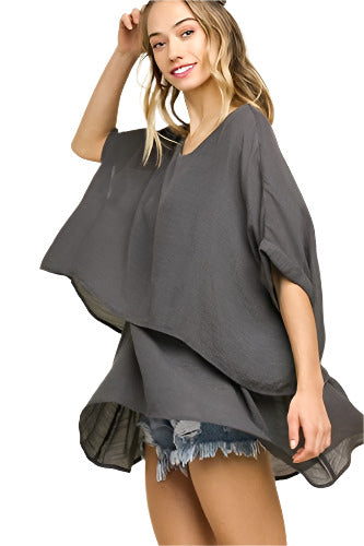 Layered Cuffed 1/2 Sleeve Top, Ash