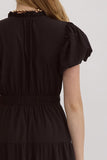 Bubble Sleeve V-Neck Tiered Dress, Black