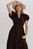 Bubble Sleeve V-Neck Tiered Dress, Black